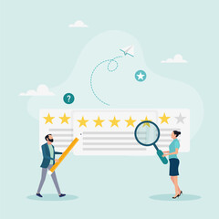 The reputation management team monitors online review ratings to improve positive ratings. Guy and girl track and analyze star ratings to improve satisfaction.
