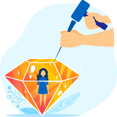 Hand carving a woman inside a gemstone. Personal growth and self-improvement. Chiseling out potential and inner beauty vector illustration.