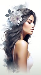 Brunette woman with white flower in hair