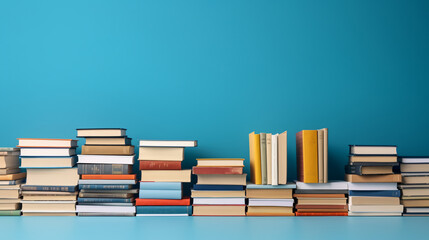  Front view of stock of books on minimalistic background