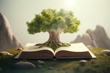 Open book with growth green tree abstract. Verdant natural wisdom erudition concept. Generate ai - obrazy, fototapety, plakaty