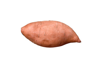 Fresh large pink sweet potato tubers with tomatoes and spices on a dark background