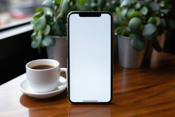 Phone with blank screen on table in cafe