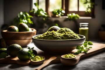 A well-lit kitchen with natural light illuminating a bowl of ripe avocados, waiting to be turned into guacamole.