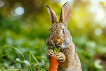 Close-up of a rabbit holding a carrot in its paws the verdant greenery contrasting with the bunny's fur creating an adorable and wholesome scene