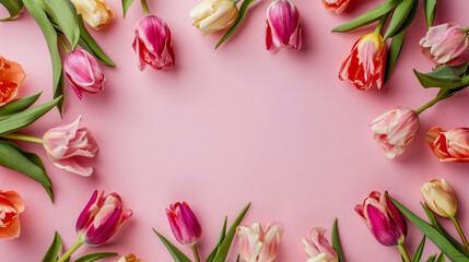 Obraz na płótnie Canvas Fresh spring colorful tulips. Spring flowers flat lay on pastel pink background and place for text. Festive concept for Valentine's Day or Mother's Day. Top view. Copy space.