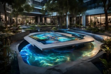 A holographic water feature in the center of the upgraded colony, combining aesthetics with sustainable water conservation. - obrazy, fototapety, plakaty