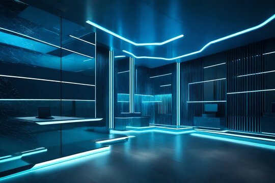 A futuristic office lobby with minimalist decor, showcasing abstract art and cutting-edge design elements.