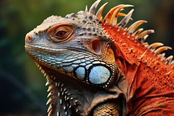 Fototapeta premium Discover the beauty of an adult iguana in its natural setting. This exotic reptile portrait showcases vibrant wildlife and intricate lizard skin details.