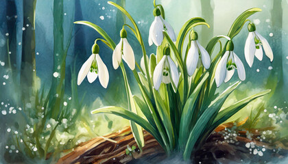 Fototapeta na wymiar spring snowdrops in the grass , watercolor art design