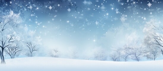 Christmas-themed natural design with a snow-covered winter landscape, falling snowflakes, and a frosty blue background.