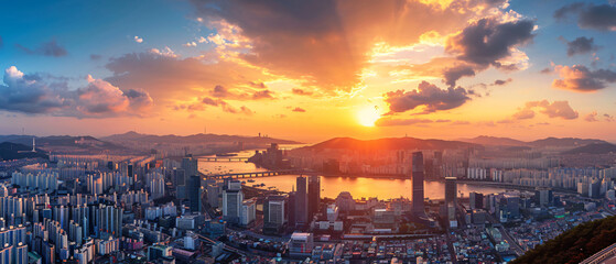 Seoul City Beautiful Panorama Sunset - obrazy, fototapety, plakaty