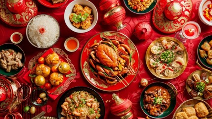 Top view of Chinese New Year dishes on red tablecloth. Chinese New Year dinner concept