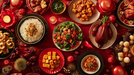 Top view of Chinese New Year dishes on red tablecloth. Chinese New Year dinner concept