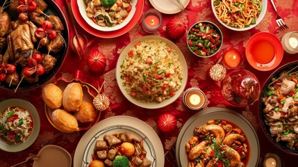 Top view of Chinese New Year dishes on red tablecloth. Chinese New Year dinner concept