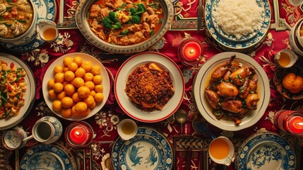 Top view of Chinese New Year dishes on red tablecloth. Chinese New Year dinner concept
