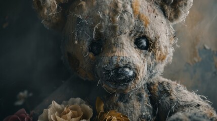 A close-up of a tattered teddy bear, its fur worn and eyes faded with time. 