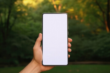 Male hand holds a phone with a white screen in the park. mockup