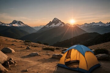 Beautiful view of a tourist tent camping at the mountain in sunset with copy space. Travel, Camping, and Holiday concepts.