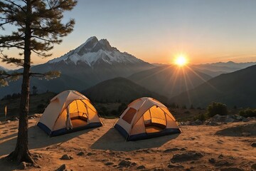 Beautiful view of a tourist tent camping at the mountain in sunset with copy space. Travel, Camping, and Holiday concepts.