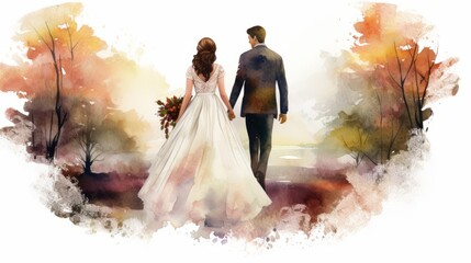 Watercolor couple silhouette against sunset, romantic wedding concept