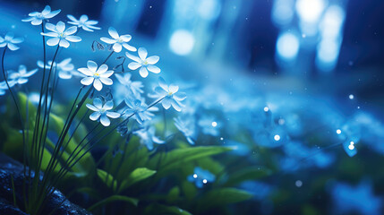 Spring with delicate blue flowers set against the lush greenery of a meadow, symbolizing nature's tranquility.