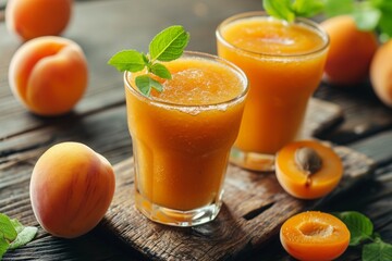 apricot smoothie. a healthy fruity fresh vegan drink in a glass on the table.