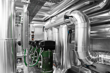 HVAC system pipes and pumps, handling heating, ventilation, air conditioning, and cooling, tubes...