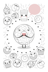 Coloriage gourmand en noir et blanc,pâtisseries et viennoiseries, beignets, glaces, cookies, roulés à la cannelle sont des personnages mignons, un donuts amoureux tient un cœur dans ses mains