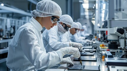 A team of specialists in white uniforms work at a chip factory
