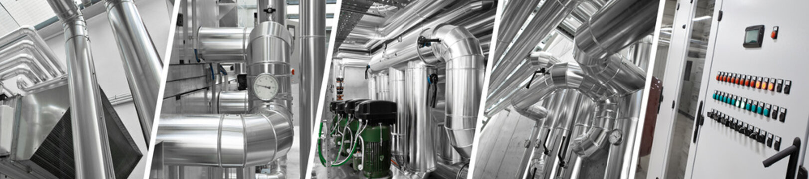 Collage of HVAC system, pipes, pumps and electrical panels, managing the heating, ventilation, air conditioning, and cooling of a building. Climate control system for comfort of rooms in the building