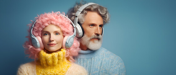 Fototapeta premium Young blonde man and woman listens to music using headphones. Girl is enjoying the moment. in studio background.