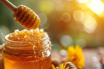 transparent amber honey is poured into a glass jar on a blurred background with a side.