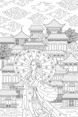 coloring book page for adults and children. An elegant Asian you - 708455560