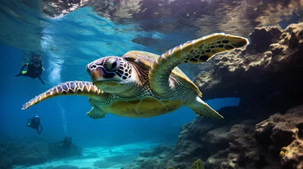 Zelfklevend Fotobehang  Green sea turtle underwater with snorkeler © fisher