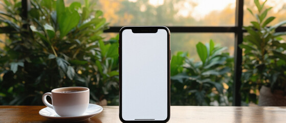 Mockup image of smartphone with blank white screen on wooden table in coffee shop