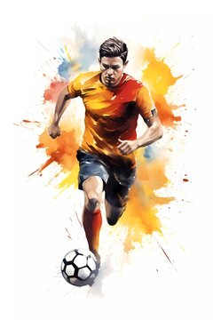 soccer athlete running with ball, in watercolor style. generative ai