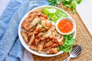 Fried chicken and chicken sauce with rice, Thai food , top view food