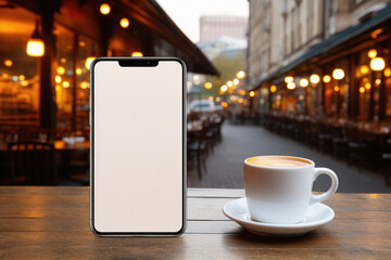 Mockup smartphone with blank screen and cup of coffee on wooden table in cafe .