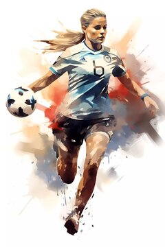 soccer athlete running with ball, in watercolor style. generative ai