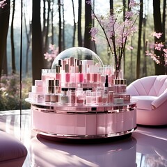 pink cosmetic products on  a pink table