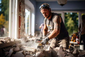 Strong mason in home renovation destroys walls with a pneumatic hammer