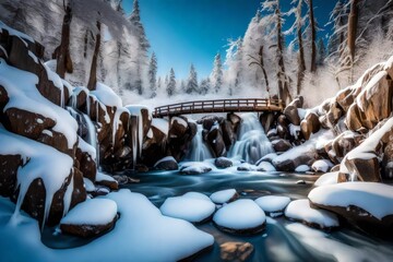 A frozen waterfall framed by snow-covered rocks and a wooden bridge, with clear skies overhead and intricate ice formations.