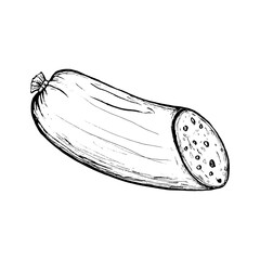 Black and white sketch of a sausage with a slice. Sketch illustration by hand, image of food. Meat product, sausage servelat.