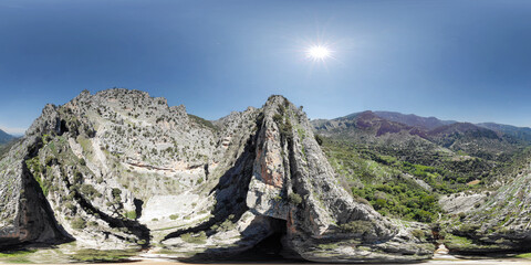 360 Pano VR image. Ravines and mountains for climbing. Canyoning. Panoramic aerial view of river...