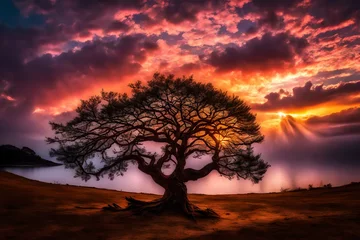 Foto op Canvas A solitary tree standing against a dramatic sunset, with its silhouette etched against the colorful sky. © pick pix