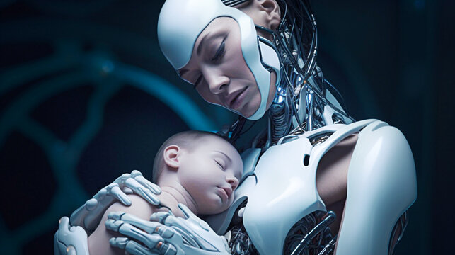 Blurred mother and baby robot hugging each other in a dark room
