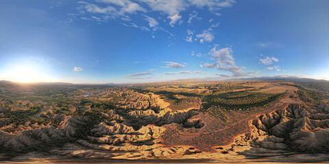 VR 360 View. End of the World Viewpoint. Panoramic aerial view of mountainous desert area. Ravines,...