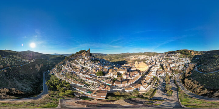 VR image 360 view. Montefrío panoramic aerial view. Typical Spanish town with a colorful sunset and clear sky. Most beautiful town in Spain according to National Geographic. Andalusia. Spain.