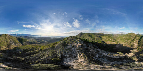 VR image 360 ​​view. Trenches on mountain top. Panoramic aerial view. Spanish Civil War Camp. Spain.